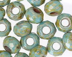 Czech Glass Turquoise Light Picasso Large Hole Fire Polished Rondelle 8x12mm