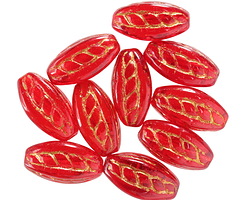 Czech Glass Ruby w/ Gold Roped 4-sided Rice Oval 15x9mm