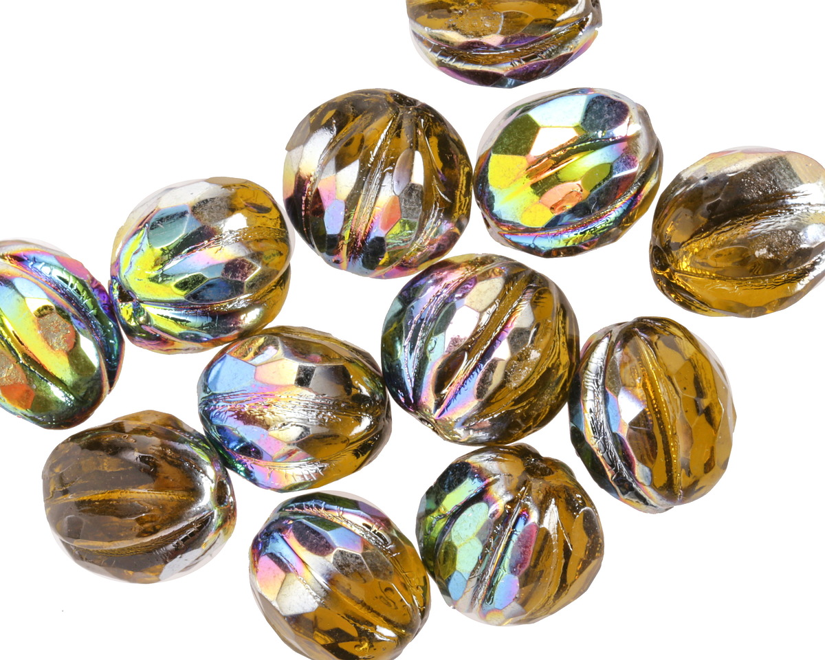 Czech Glass Dark Olivine w/ Vitrail Faceted Melon Round 10mm