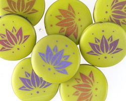Czech Glass Laser Etched Lotus on Matte Wasabi w/ Rainbow Finish Coin 17mm