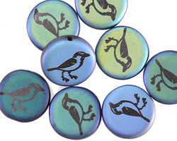 Czech Glass Laser Etched Bird on Matte Jet AB Coin 14mm