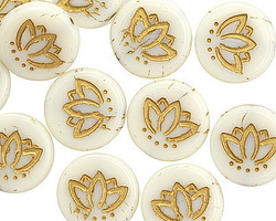 Czech Glass White w/ Gold Lotus Coin 14mm