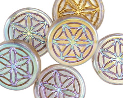 Czech Glass Crystal AB w/ Gold Flower of Life Geometry Coin 19mm