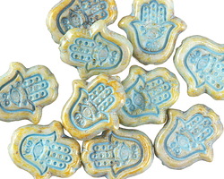 Czech Glass Bisque Picasso w/ Turquoise Wash Hamsa Hand 15x14mm