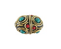Nepalese Brass Double Rings w/ Turquoise & Coral Dots Rice Bead 21-22x15mm