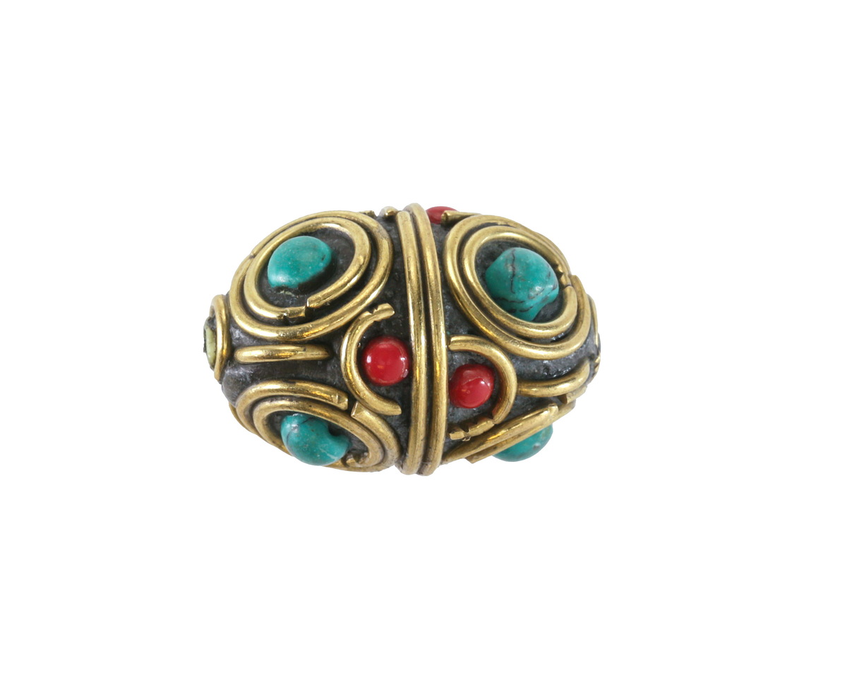Nepalese Brass Double Rings w/ Turquoise & Coral Dots Rice Bead 21-22x15mm