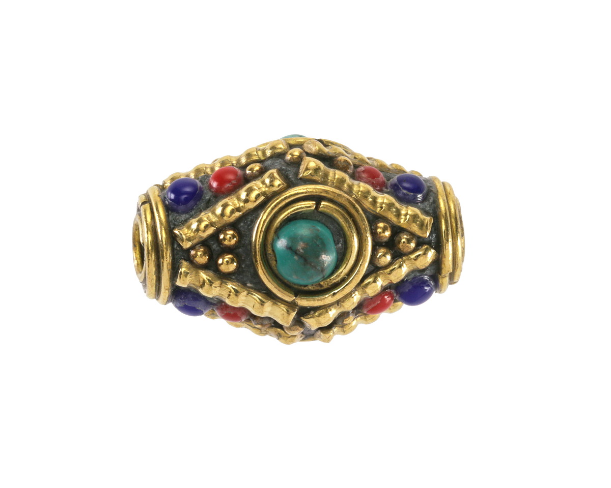 Nepalese Brass w/ Turquoise,Lapis, & Coral Ornate Rice Bead 22-24x15mm