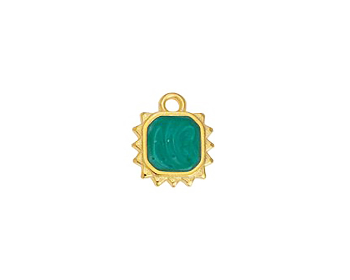 24K Gold (plated) Emerald Pearl Enamel Square Sun Focal 10.5x12.5mm