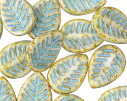 Czech Glass Ivory Picasso w/ Aqua Carved Leaf Drop 12x17mm