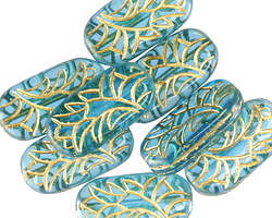 Czech Glass Aquamarine w/ Gold Pressed Flower Oval 25x12mm