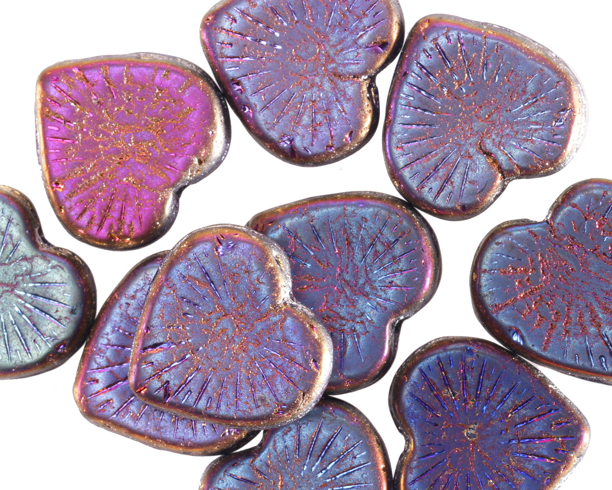 Czech Glass Matte Jet w/ Metallic Rainbow Starburst Heart 14mm