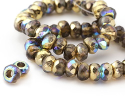 Czech Glass Black Diamond AB w/ Gold Large Hole Fire Polished Rondelle 6x9mm