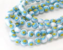 Millefiori Glass White w/ Turquoise & Yellow Flower Round 10mm