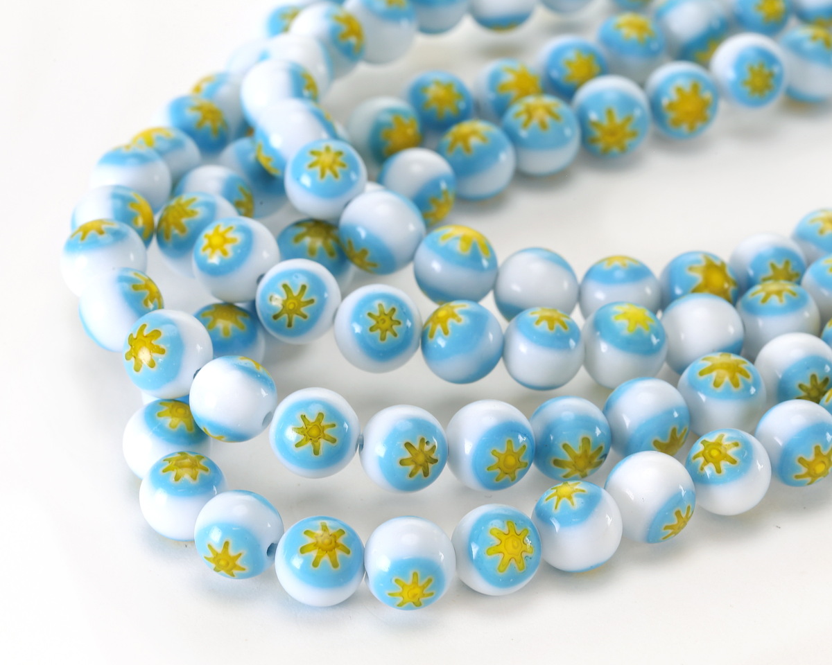 Millefiori Glass White w/ Turquoise & Yellow Flower Round 10mm