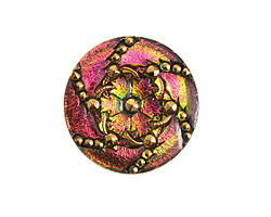 Czech Glass Pink & Green w/ Gold Daisy Spiral Button 31mm