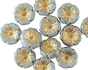 Czech Glass Matte Baby Blue w/ Etched Gold Hibiscus Coin 12mm