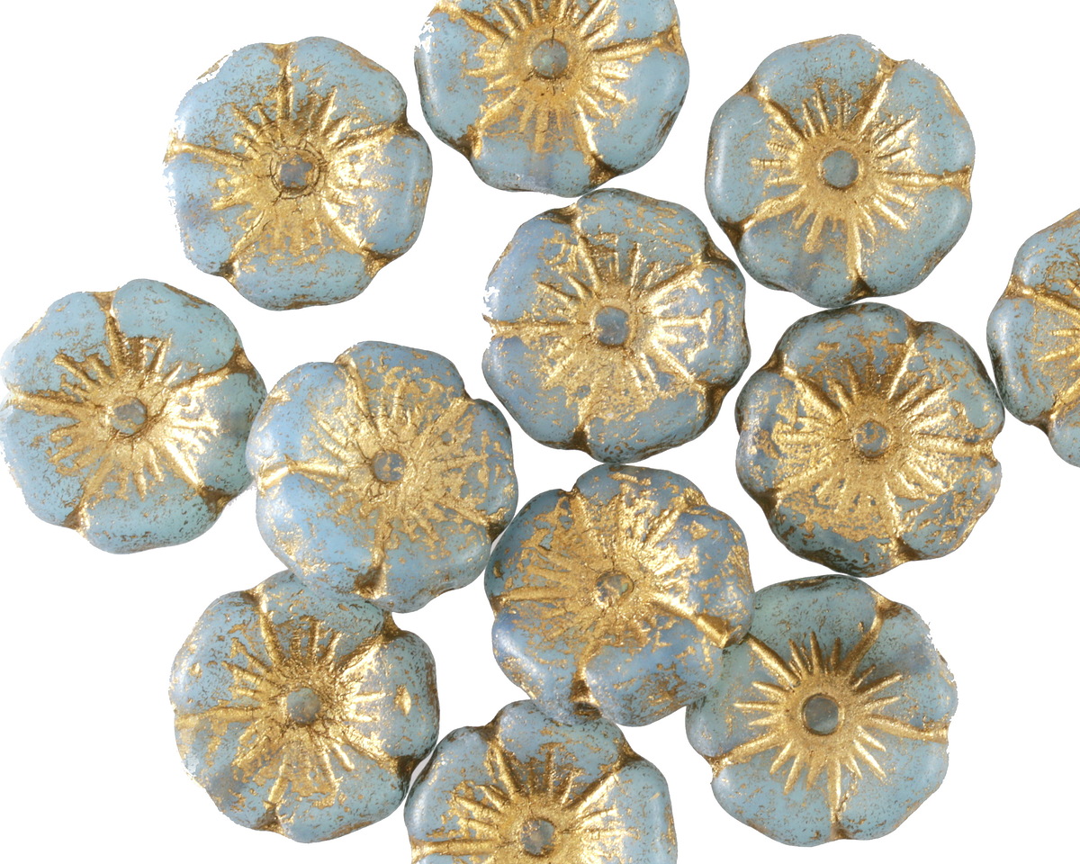Czech Glass Matte Baby Blue w/ Etched Gold Hibiscus Coin 12mm