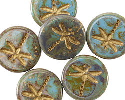 Czech Glass Turquoise Picasso w/ Matte Gold Dragonfly Coin 17mm