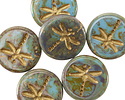 Czech Glass Turquoise Picasso w/ Matte Gold Dragonfly Coin 17mm