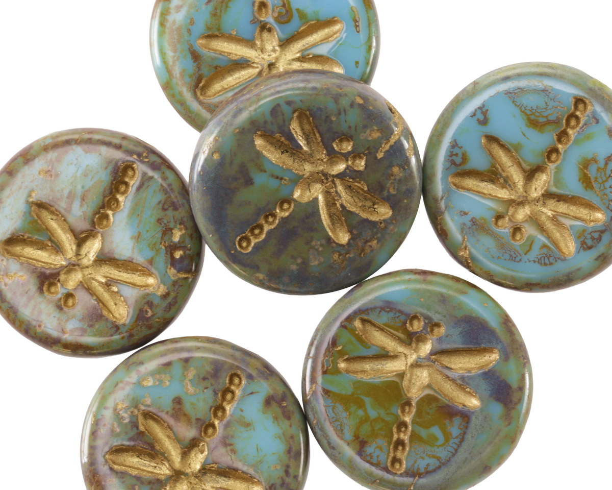 Czech Glass Turquoise Picasso w/ Matte Gold Dragonfly Coin 17mm