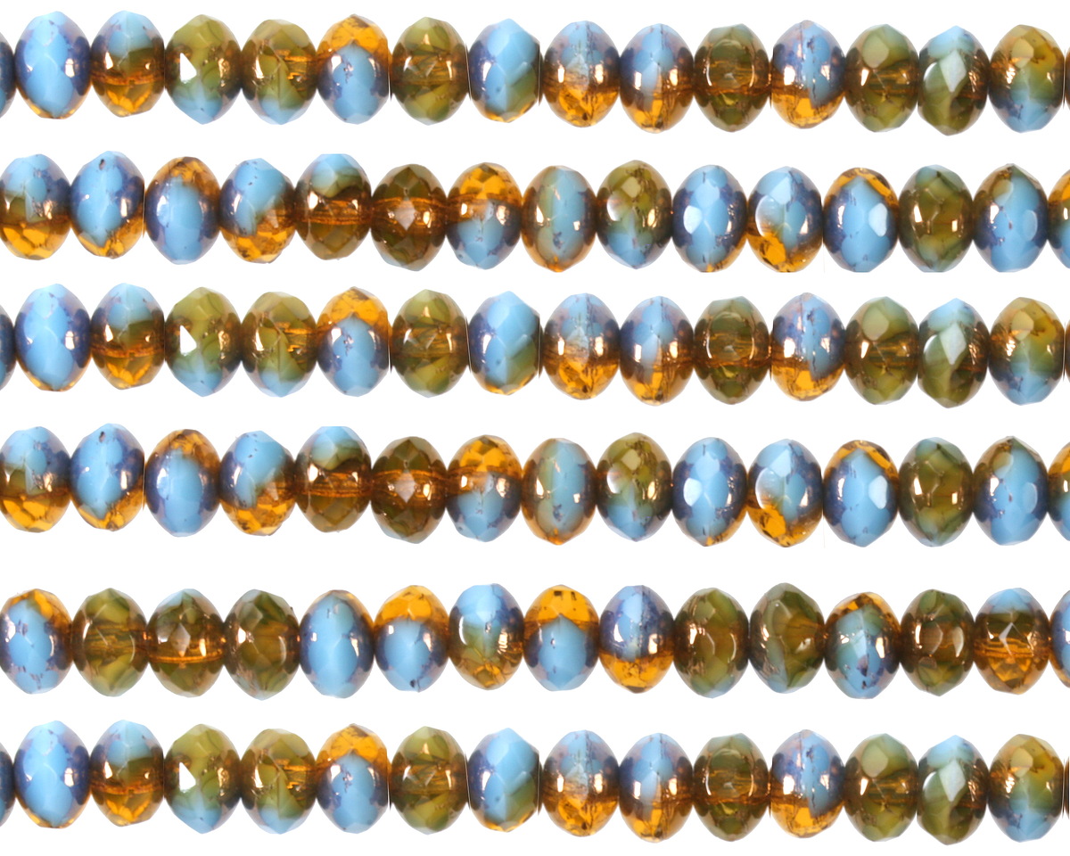 Czech Glass Bronzed Medium Blue and Amber Fire Polished Rondelle 3x5mm