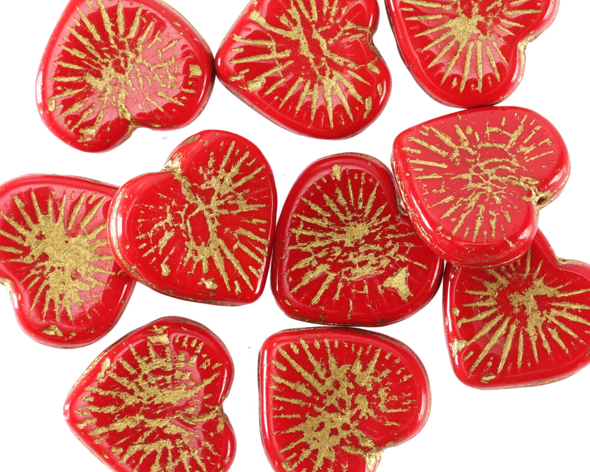 Czech Glass Pepper Red w/ Gold Starburst Heart 13x14mm