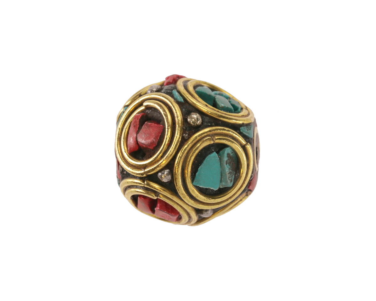 Nepalese Brass Coral & Turquoise Mosaic in Concentric Circles Round 10-11mm