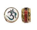 Nepalese Brass w/ Turquoise & Coral Mosaic Om in White Shell w/ Coral Band Coin Bead 19-20mm