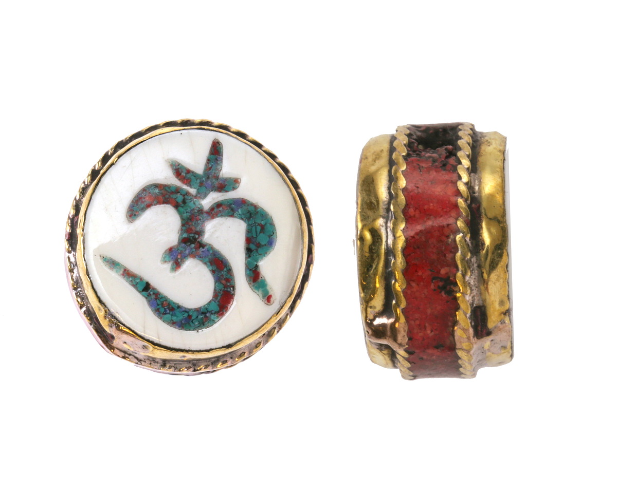 Nepalese Brass w/ Turquoise & Coral Mosaic Om in White Shell w/ Coral Band Coin Bead 19-20mm