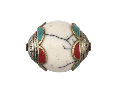 Nepalese White Shell & White Brass Bead w/ Coral & Turquoise Scallops 27-28x21-22mm