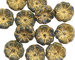 Czech Glass Etched Sapphire & Sky Blue Picasso w/ Gold Hibiscus Coin 12mm