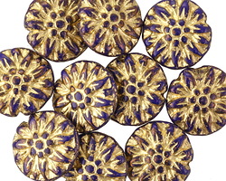 Czech Glass Bronzed Indigo w/ Gold Dahlia Coin 14mm