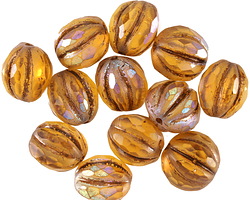 Czech Glass Matte Medium Topaz AB w/ Metallic Brown Faceted Melon Round 10mm