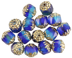 Czech Glass Mykonos Blue Picasso w/ Gold Lantern 8mm