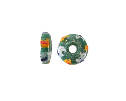 African Glass (Krobo) Green w/ Hand Painted Stripes Disc 11-12mm