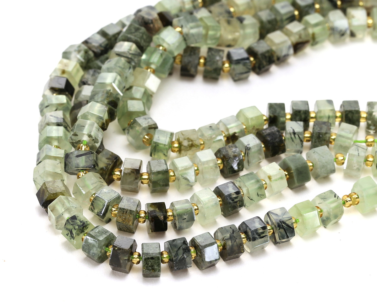 Green Tourmalinated Quartz Microfaceted Hexagon Heishi 4x8mm