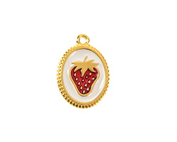 24K Gold (Plated) Framed White w/ Red Enamel Strawberry Oval Focal 14x19mm