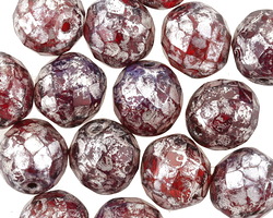 Czech Glass Garnet Picasso w/ Silver Fire Polished Round 12mm