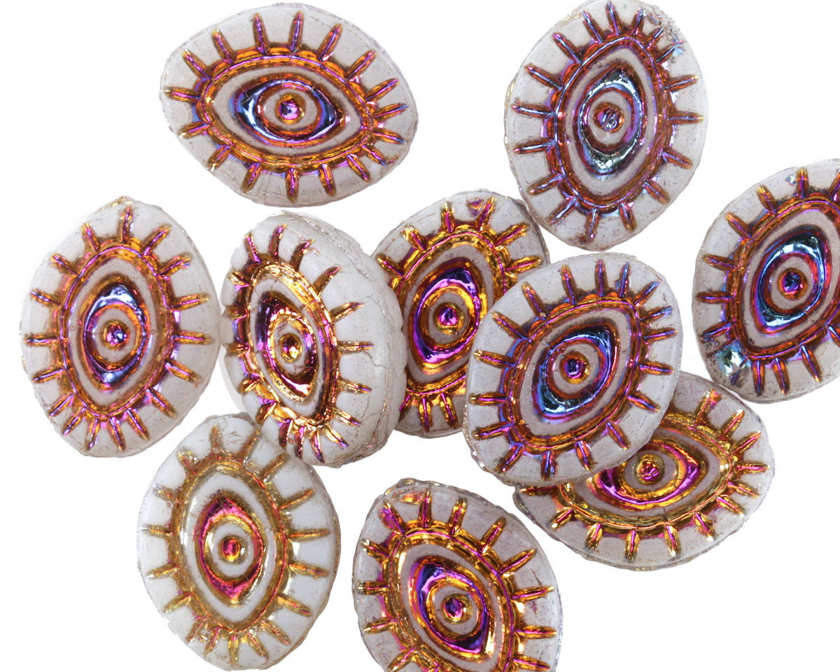 Czech Glass Matte White w/ Metallic Rainbow Mystic Eye 14x11mm