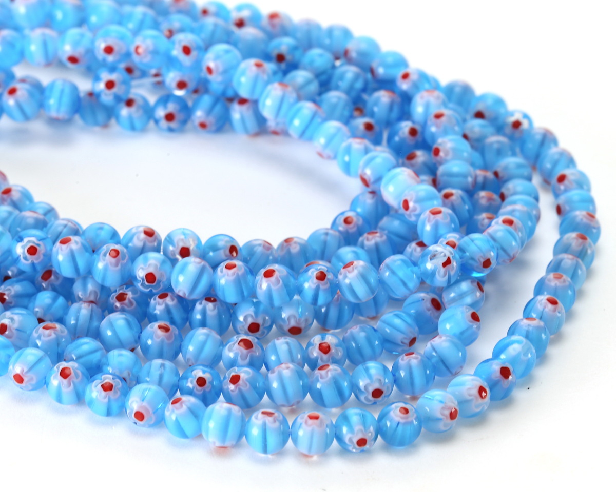 Millefiori Glass Sea Blue w/ White & Red Flower Round 6mm