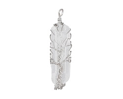 Rock Crystal Quartz Point Silver Finish Wire-Wrapped Tree of Life Pendant 14-18x54-65mm