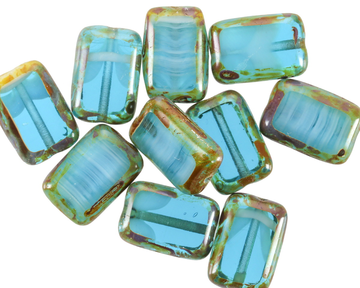 Czech Glass Capri Blue Waters Picasso Rectangle 12x8mm