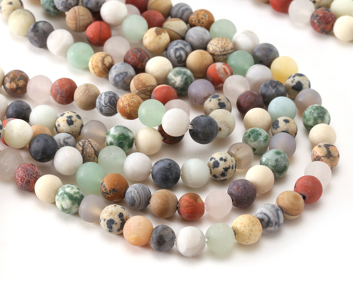 Matte Multi Stone (Dalmatian Jasper, Picture Jasper, Tree Agate, Red Jasper, White Agate, Quartz) Round 6mm