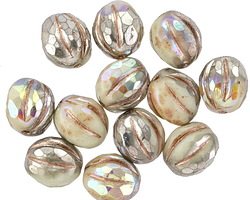 Czech Glass Ivory w/ Antique Silver AB & Rose Gold Faceted Melon 10mm