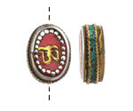 Nepalese White Brass & Brass "Om" Oval Coin Bead w/ Coral & Turquoise 16-18x20-22mm