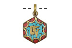 Nepalese Brass Hexagon "Om" Pendant in Turquoise & Coral Mosaic 21x35mm