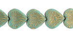 Czech Glass Green Turquoise w/ Gold Starburst Heart 13x14mm