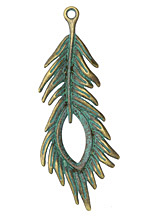 Patina Green Brass (plated) Open Eye Peacock Feather 28x71mm