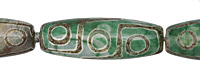 Tibetan (Dzi) Agate Green & Brown w/ Steps & Circles Rice 38-40x14-15mm