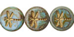 Czech Glass Turquoise Picasso w/ Matte Gold Dragonfly Coin 17mm